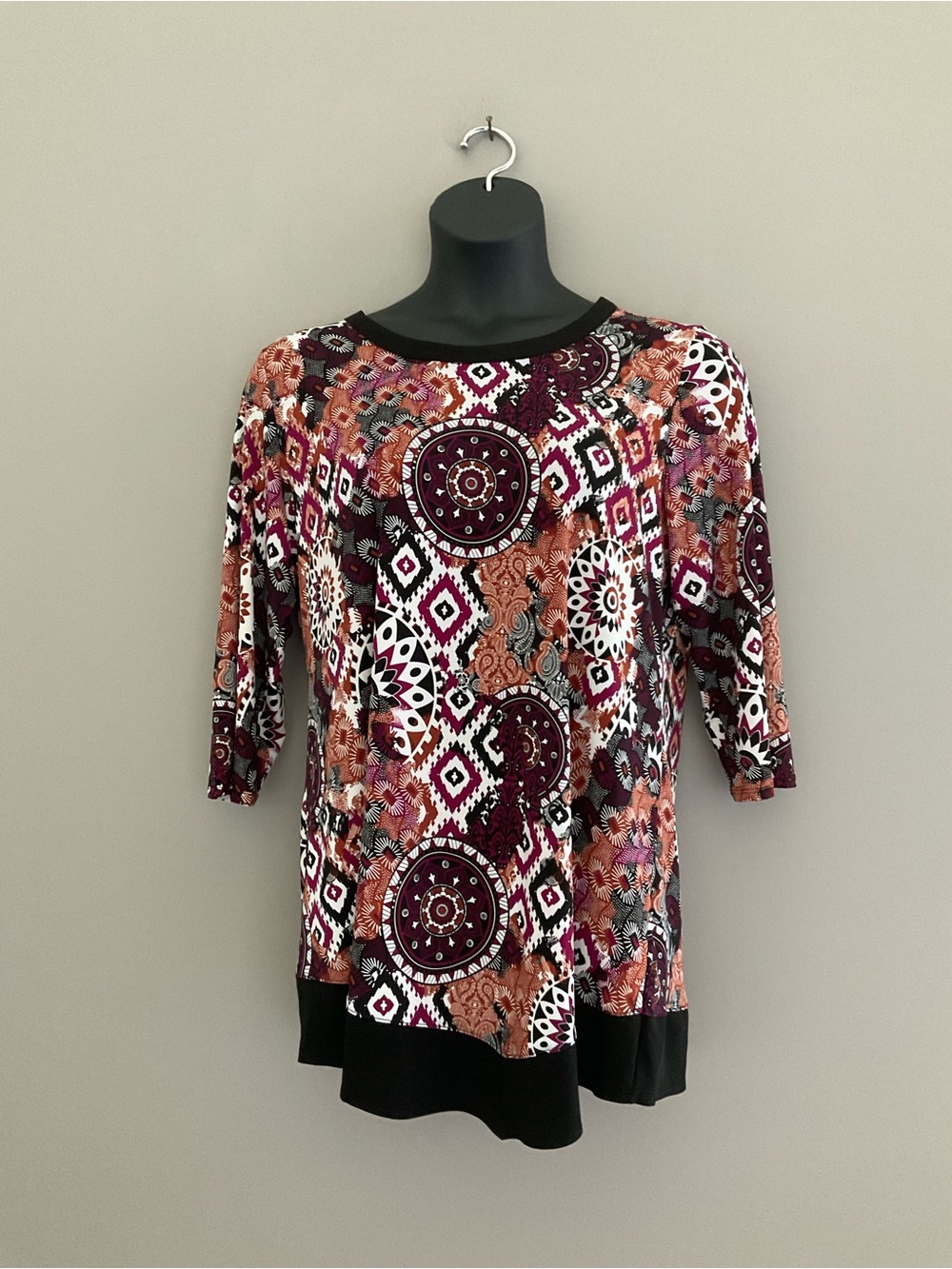 Christopher & Banks, Women's, Burgundy, Multi-Print, Long Sleeve, Top